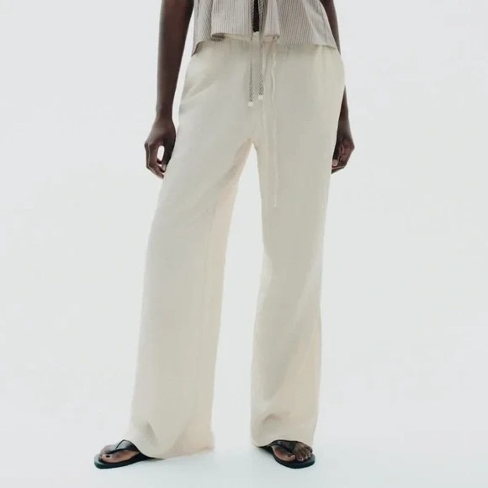 NWT! Zara Flowy Wide Leg Drawstring‎ Pants – Light Beige Size Large
